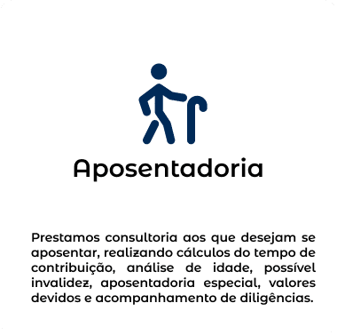 Prestamos consultoria aos que desejam se aposentar, realizando cálculos do tempo de contribuição, análise de idade, possível invalidez, aposentadoria especial, valores devidos e acompanhamento de diligências.